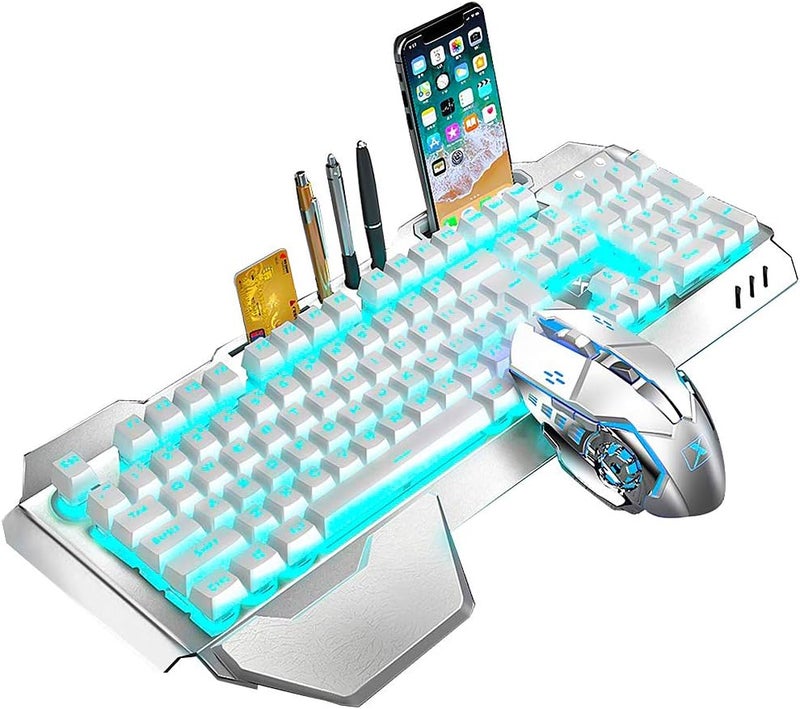 LexonElec Wireless Keyboard and Mouse, Blue LED Backlit Rechargeable Keyboard with 3800mAh Battery, Metal Panel, Removable Hand Rest Mechanical Feel, 7 Color Gaming Mute Mouse for PC Gamers - Image 1